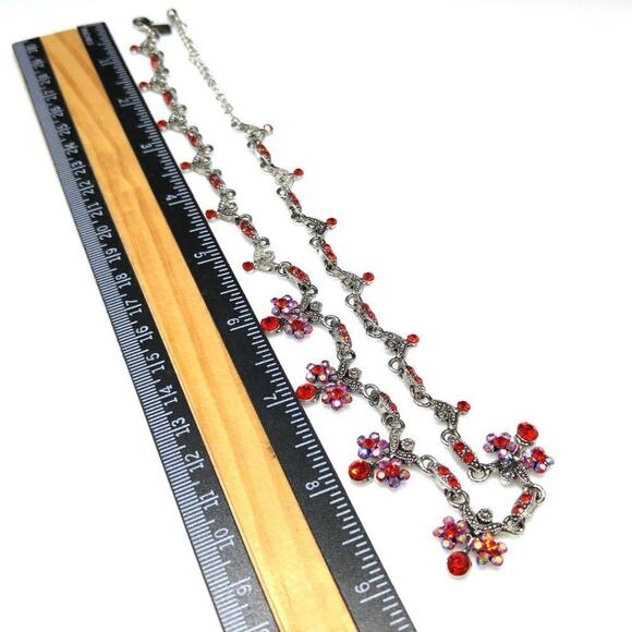 Vintage Cookie Lee Red Rhinestone Necklace, Aurora Borealis Rhinestones, 17 1/2" - Picture 7 of 11